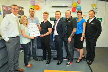 L-R: Keith Ross, Director of Kestrel Printing Ltd; Emily Hewett (iamemily), who designed the charity literature; Chris Hyde from the Southend-on-Sea Cystic Fibrosis Association; Joe Tonge; Andy Mansfield,  Account manager at Antalis UK; Ashley Cross, Kestrel Printing Ltd; Marian Thomasson, Marketing Communications Manager at Antalis UK; John Galley, Director of Kestrel Printing.